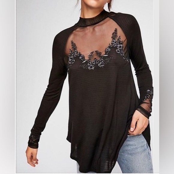 Free People Black Sheer Embroidered Blouse - Picture 1 of 4